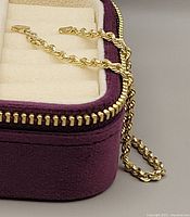 Close-up of the 10kt gold rope chain bracelet resting on top of the purple velvet jewelry storage box showing chain detail.