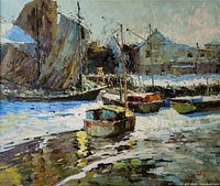 Close-up of the oil painting showing boats docked at a port with water reflections and a building in the background, signed lower right 'Marengo'.