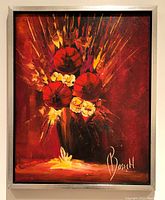 Frontal view of the oil painting showing the floral arrangement in dominant reds with some yellow highlights and signature Bosch in bottom right.
