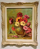 Front view of framed floral still life oil painting showing overall composition and color.