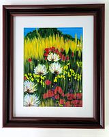 Framed view of the oil painting showing the floral still life in a dark brown wood frame with white mat and glass.