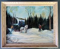 Full view of oil painting showing winter forest scene with two figures and a white horse pulling a sled, framed in a vintage wood frame.