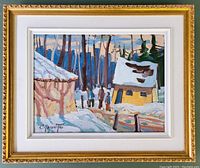 Full view of painting in gold ornate frame with white double mat