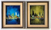 Two framed cityscape oil paintings side by side, showing lot contents