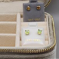 Two pairs displayed on velvet and satin earring cards inside beige velvet zip storage box