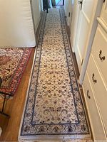 Full length of rug runner showing floral pattern and borders on beige background.