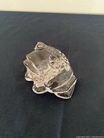 Front and side angled view of clear crystal frog figurine with detailed textured surface and facial features.