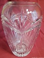 Clear image showing the Waterford Irish crystal vase with the distinctive Calais pattern cuts, highlighting the detailed geometric and leaf motifs on the front of the vase.