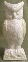Front view of white ceramic owl vase showing textured feathers and facial features