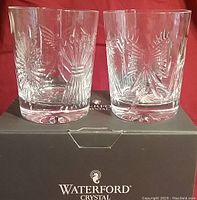 Two clear Waterford Irish Crystal old fashion rock glasses featuring the Universal Wishes pattern displayed on a Waterford branded box.