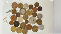 Photo showing collection of 32 coins of varied sizes and conditions, some showing corrosion and dirt, arranged loosely on a white surface with floral background.