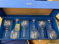 Six crystal goblets arranged in blue Schott Zwiesel box