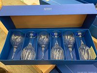Box of 6 white wine or goblet glasses with blue interior box labeled Schott Zwiesel