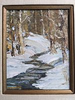 Close-up of the oil painting showing detailed snowy winter scene with a stream and birch trees signed M. Macdonald at the bottom left.