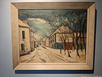 Full view of the framed vintage oil painting depicting a winter street scene in muted colors.
