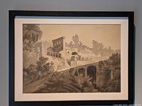 Framed ink and watercolour painting depicting architectural villa scene with arches, buildings, and trees in ink wash on beige paper.