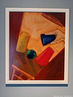 Frontal view of the painting showing the colors and composition of the shell game scene with three cups and a hand.