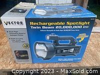 Box of Vector Rechargeable Spotlight with details and specifications.