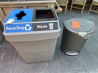 Both bins together; large gray recycling and trash bin with blue and black lids, and smaller gray step-on garbage bin