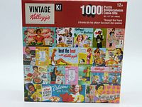 Photo of the unopened puzzle box with colorful vintage Kellogg's cereal ads forming a collage on the front.