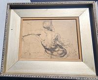 Front view of the giclee print depicting a seated male nude sketch by Peter Paul Rubens, housed in a white, distressed wood frame with decorative edge detail.