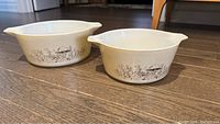 Pair of two cream-colored Pyrex casseroles with Forest Fancy mushroom pattern, side-by-side on wooden floor under daylight. Both have pouring spouts.