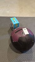 14lb purple and black medicine ball resting on gray modular floor mat with blue box behind it