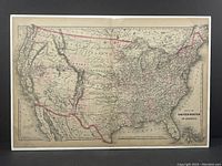 Full view of the antique hand-coloured map of the United States showing the entire country with colored state boundaries.