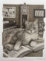 Close-up of the detailed etching showing the cat and surrounding elements like the clock and piano.