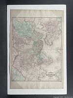 Full view of the antique map showing Boston and vicinity with hand-colouring and mounted on foam board