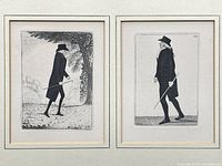 Two framed antique stipple engravings of gentlemen dressed in 18th-century clothing, positioned side by side.