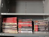 Wide view showing three stacks of assorted car and handyman magazines on metal shelves.
