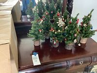 Six miniature Christmas trees displayed on a wooden surface, each with foliage and bark-style bases, some adorned with small Christmas decorations.