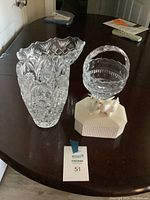 Photo showing all four items on table: large crystal vase, smaller crystal basket, hexagonal box with two porcelain birds on top