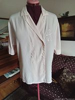 Front view of the light pink embroidered blouse with button details and collar.