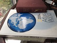 Cover photo of the National Geographic Atlas of the World with a globe image and the spine of the National Gallery of Art book on top.