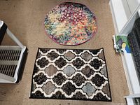 Both small rugs placed on carpet floor, showing round multicolor and rectangular patterned rugs.