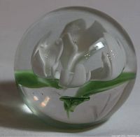 Close-up of the clear glass paperweight showing a white flower and green stem inside.