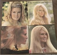 Photo showing four Lynn Anderson vinyl album covers: Rose Garden, The World of Lynn Anderson, Lynn Anderson's Greatest Hits, and I Love How Can I Unlove You.