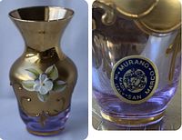 Overall view of the Murano glass vase with gold tone and purple floral design