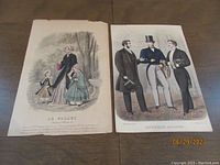 Two antique fashion prints side by side; left print 'Le Follet' with women and children; right print 'Gentleman's Magazine' with men in formal attire