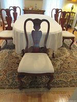 Eight Broyhill dining chairs around a table, showing style, fabric upholstery, and condition including soiling and wear.