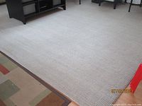 View of the full taupe sisal rug laid on hardwood floor under black furniture