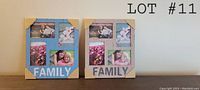 Two rustic family picture frames side by side, labeled Lot 11. Blue frame on left and beige frame on right.