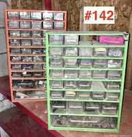 Photo showing two work bench organizers, one green and one orange, filled with assorted hardware in clear plastic drawers