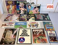 Photo of entire collection of comic and paperback books laid out on a flat light surface showing front covers and titles clearly.
