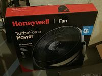 Honeywell TurboForce Power air circulator fan boxed with product photo and specifications on box.