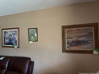Wide shot showing all three framed art pieces hung on a wall above a brown leather couch.