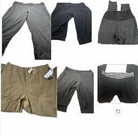 10 pieces of athletic leggings and sweatpants, various colors and styles, laid out flat to show design and fabric