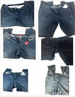 Collage of five pairs of primarily dark blue or black jeans size 16 with standard denim jean features including button and zipper, belt loops, and pockets.